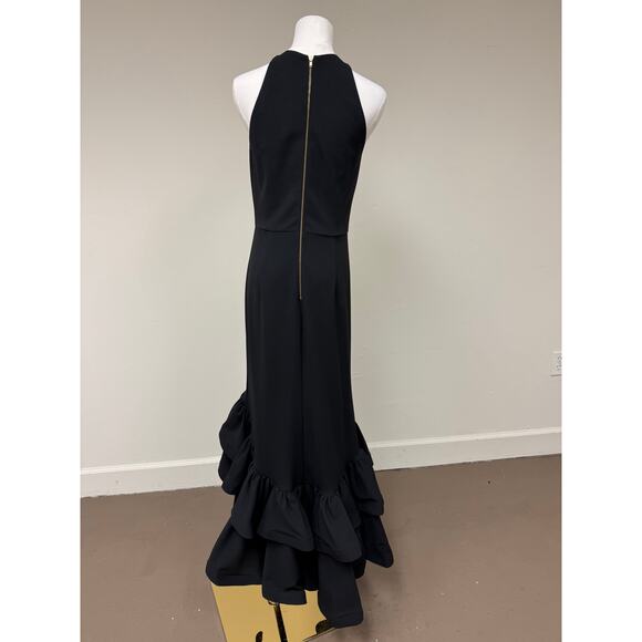 Betsy & Adam Arielle Scuba Crepe Ruffle Slit Asymmetrical Maxi Gown Black Size 8 - Picture 5 of 12